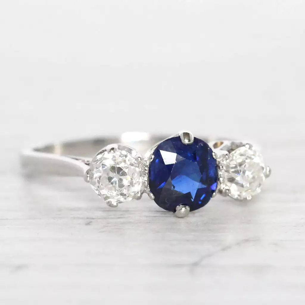 Vintage 0.95 Carat Sapphire and Old Cut Diamond Three Stone