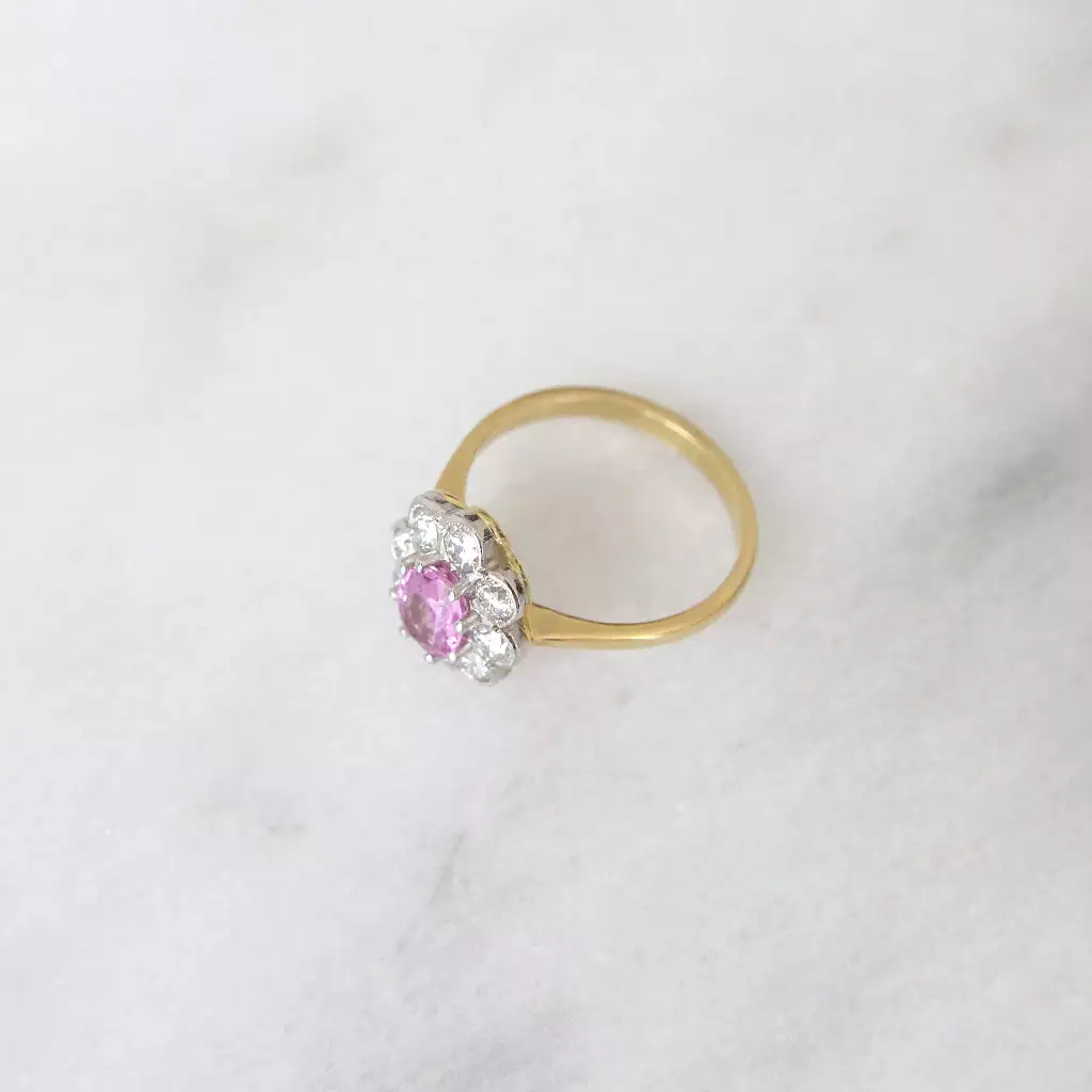 Vintage Style 1 Carat Pink Sapphire and Brilliant Cut Diamond Cluster