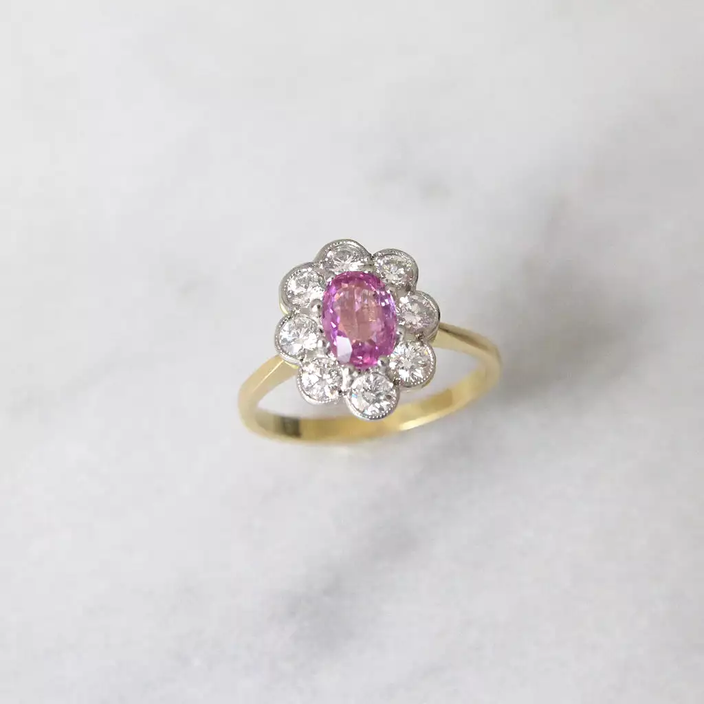 Vintage Style 1 Carat Pink Sapphire and Brilliant Cut Diamond Cluster