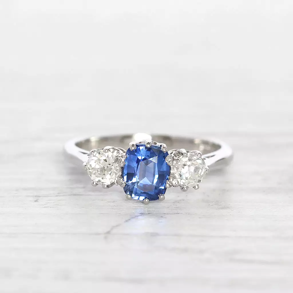 Vintage Style 1.14 Carat Sapphire and Diamond Three Stone