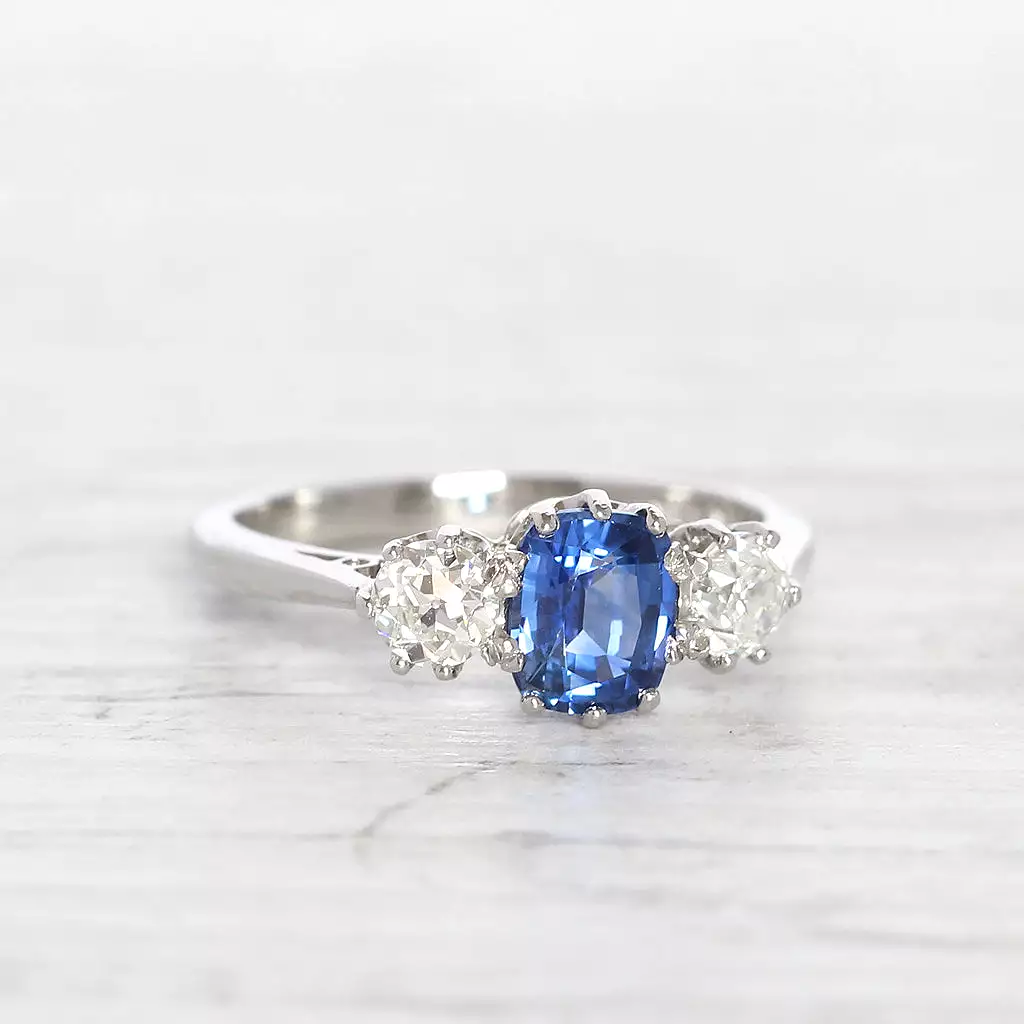 Vintage Style 1.14 Carat Sapphire and Diamond Three Stone