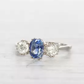 Vintage Style 1.34 Carat Cornflower Blue Sapphire and Diamond Three Stone