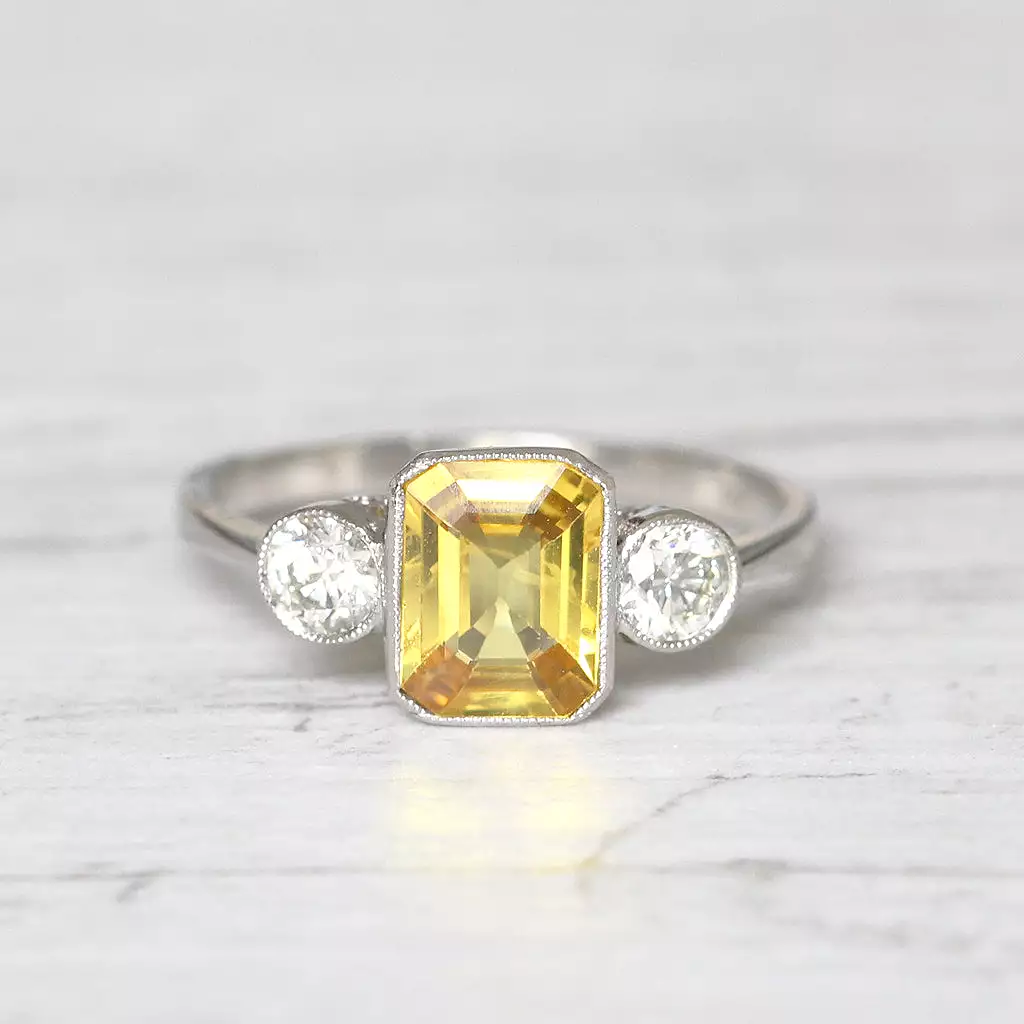 Vintage Style 1.70 Carat Yellow Sapphire and Diamond Three Stone