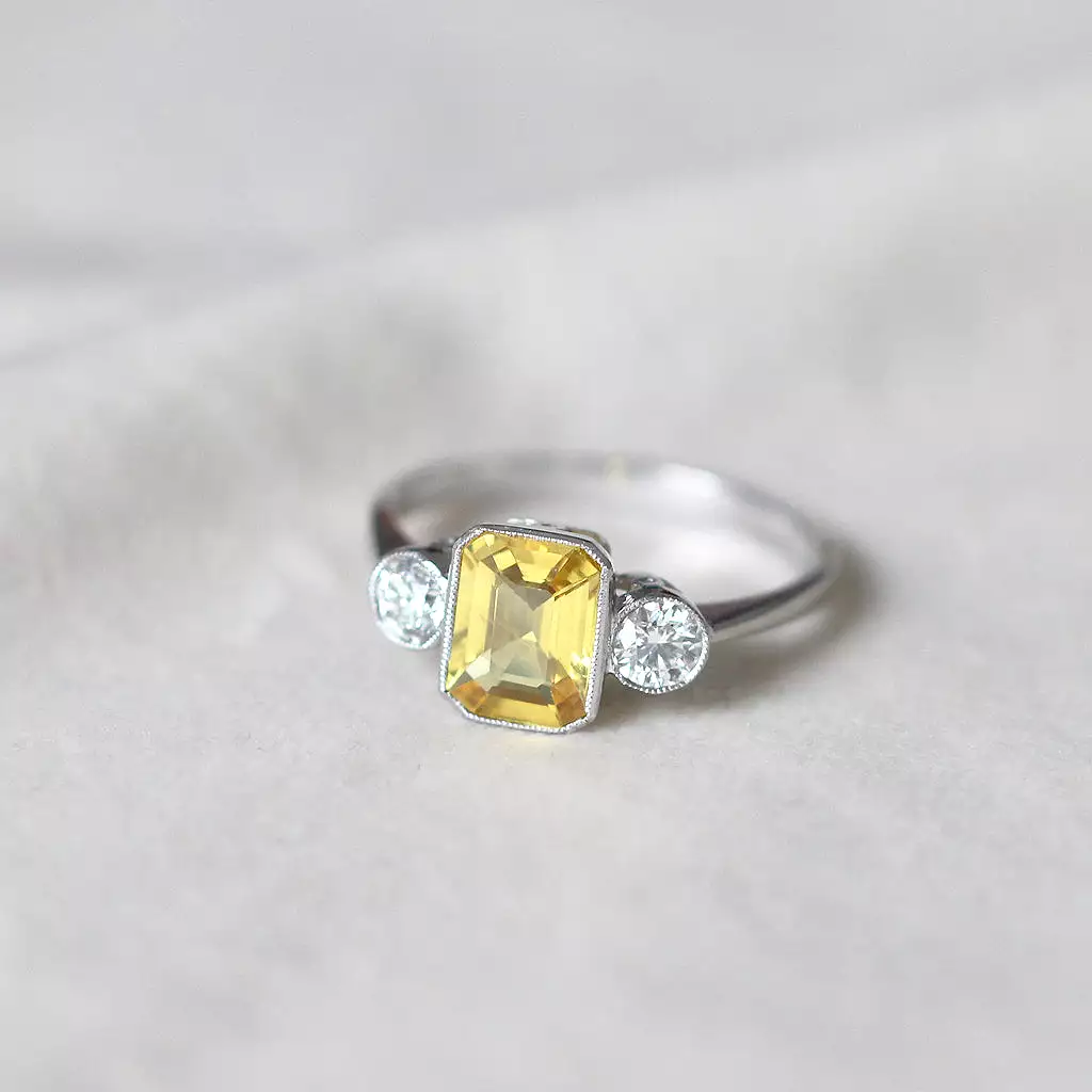 Vintage Style 1.70 Carat Yellow Sapphire and Diamond Three Stone