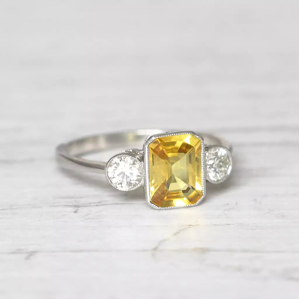 Vintage Style 1.70 Carat Yellow Sapphire and Diamond Three Stone