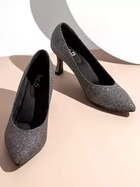 Women Pewter Embellished Pointed Toe Slim Heeled Pumps