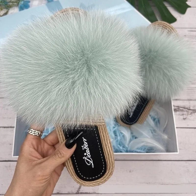 Women's Flat Synthetic Straw Emerald Green Fox Fur Flip Flop Slippers