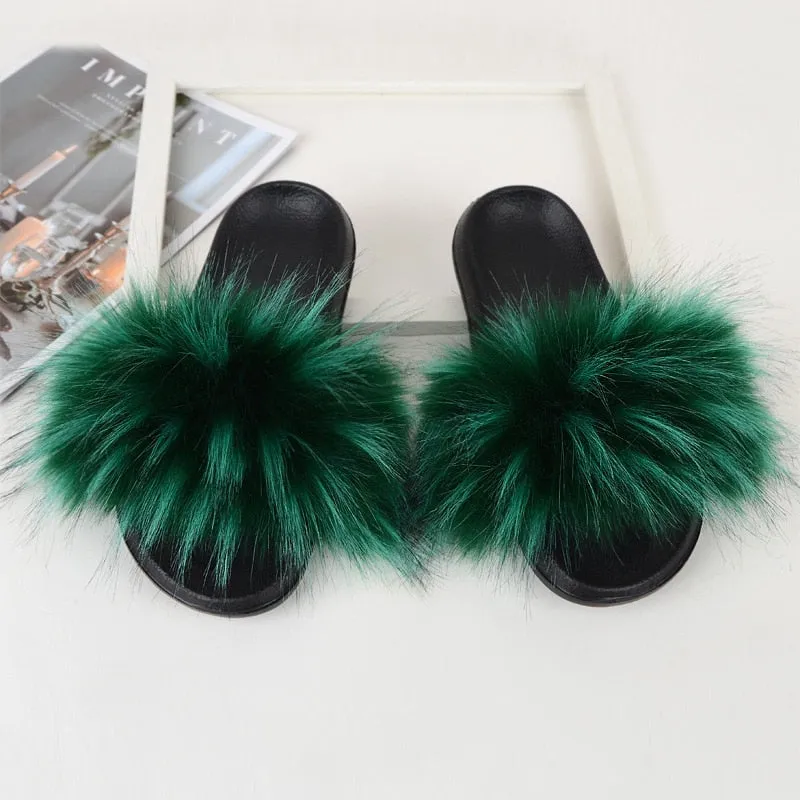 Women's Peacock Green Casual Real Fur Slides Fluffy Flat House Slippers