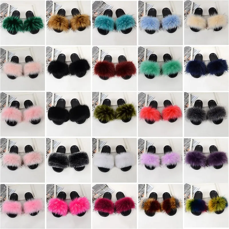 Women's Peacock Green Casual Real Fur Slides Fluffy Flat House Slippers