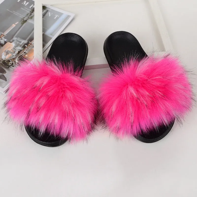 Women's Rosy Pink Summer Synthetic Fur Furry Fluffy Slides House Slippers