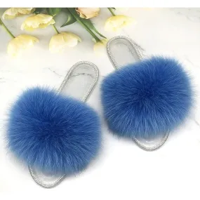 Women's Royal Blue Color Real Fur Fluffy Slides Transparent Flip Flop Slippers