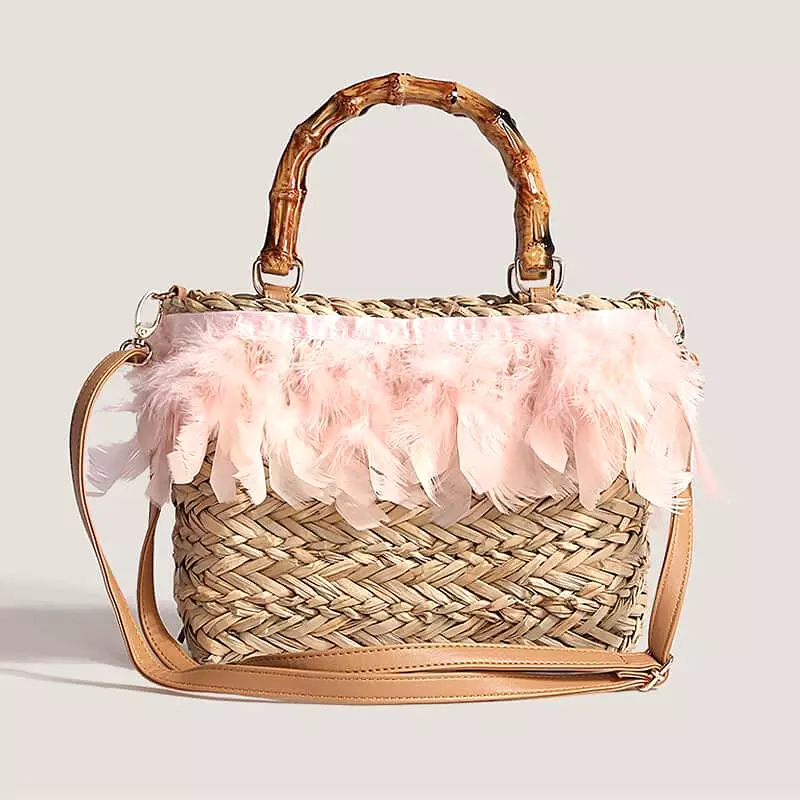 Women's Straw Bag Fashion Faux Feather Rattan Handbag