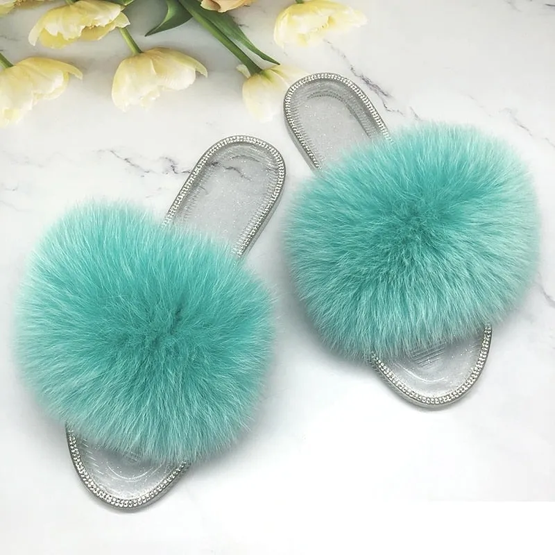 Women's Summer Fluffy Beach Slides Transparent Flip Flop Slippers