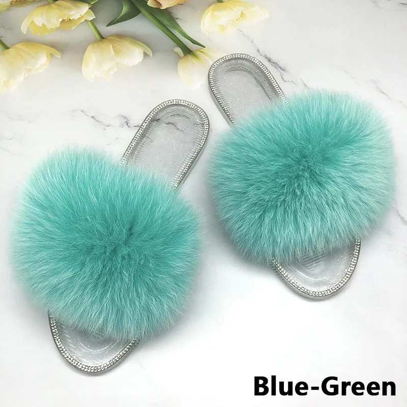 Women's Summer Fluffy Beach Slides Transparent Flip Flop Slippers