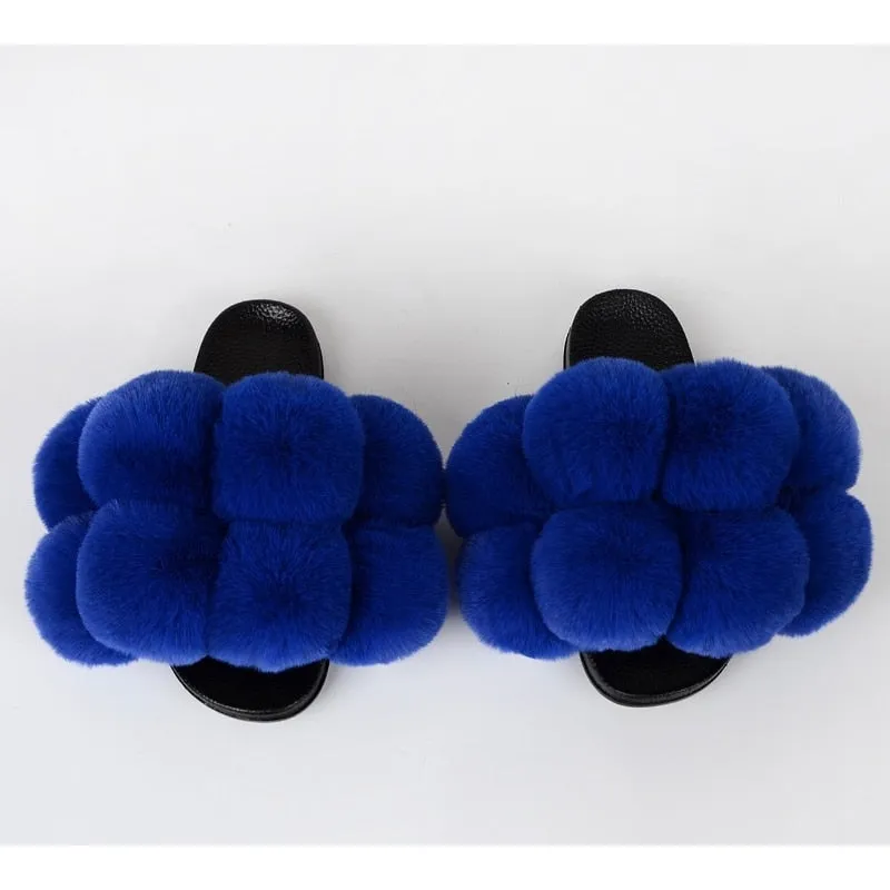 Women's Summer Fluffy Fur Furry Slides Indoor Big Flat Flip Flop Slippers