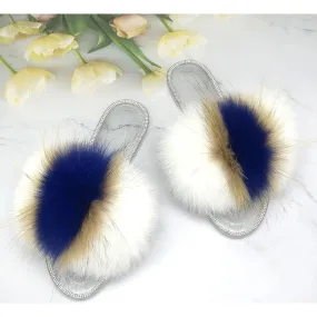 Women's Transparent Jelly Real Fur Fluffy Flip Flop Slides House Slippers