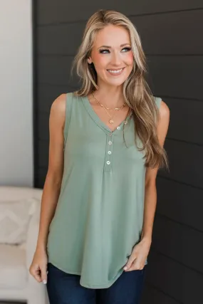 Worlds Apart Button Tank Top- Sage